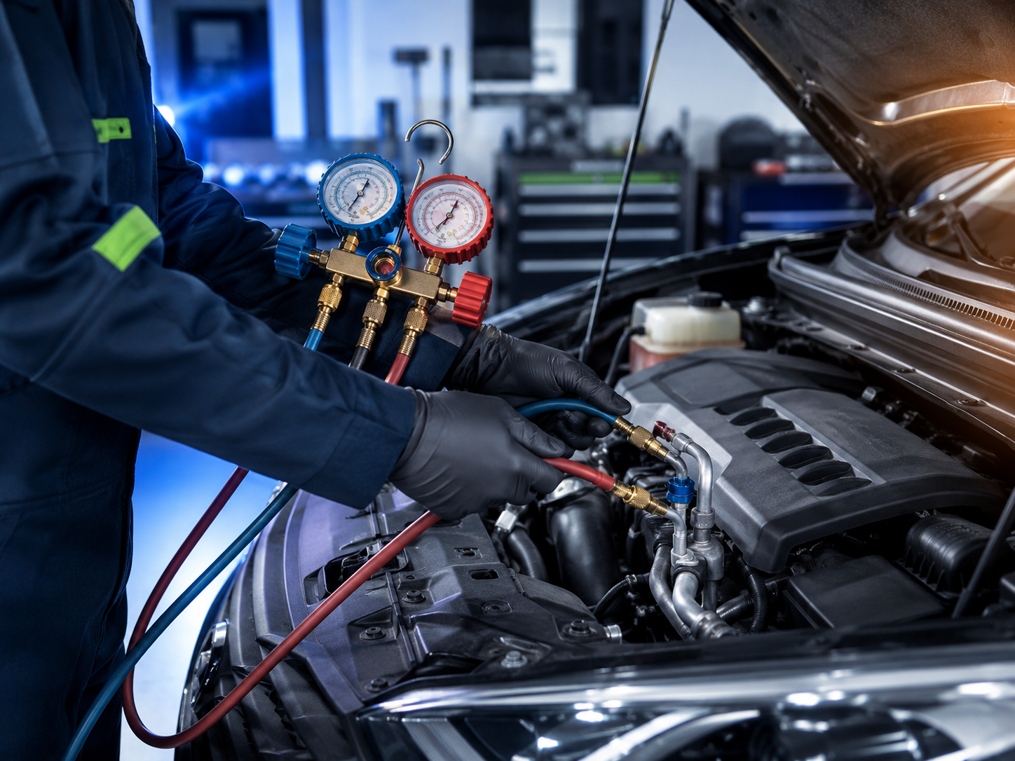Técnico revisando el aire acondicionado de un vehículo